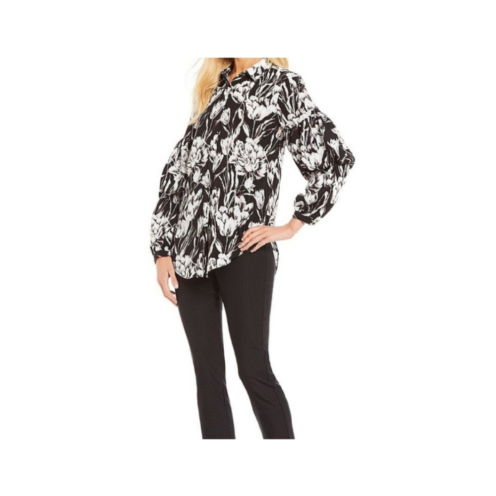 Isaac Mizrahi White & Black Multicolor Long Sleeve Blouse